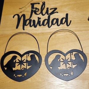 Black Metal Feliz Navidad &  Nativity Heart Ornaments